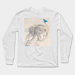 Sketch of a young girl wearing a glimmering gold crown Long Sleeve T-Shirt